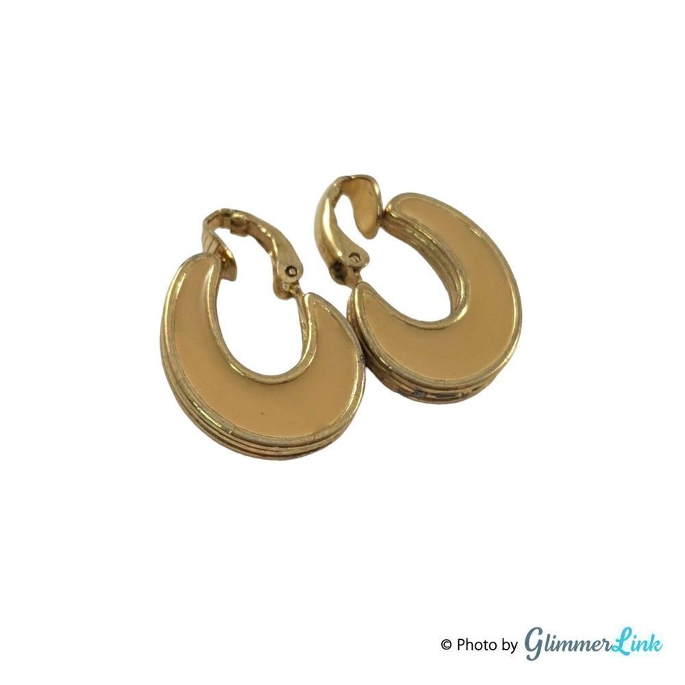 Vintage 1970s Avon Reversible Brown & Cream Enamel Gold Tone Clip On Earrings